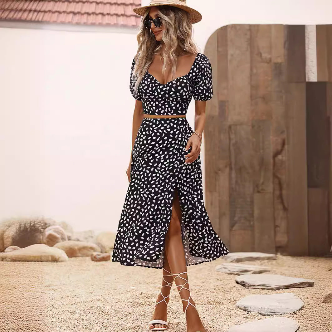 Summer Women Wear V neck Short Sleeve Split Skirt Set