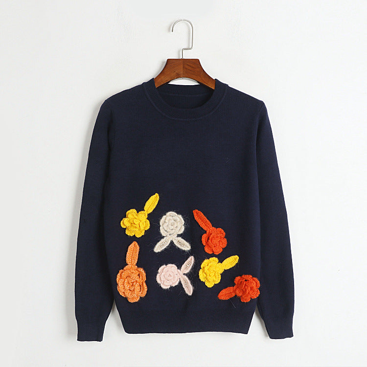 Top Herbst Winter Süßer dreidimensionaler handgehäkelter Pullover mit Blumenmuster und Rundhalsausschnitt