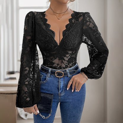 Tight Sexy Long Sleeve Solid Color V Neck Lace Jumpsuit