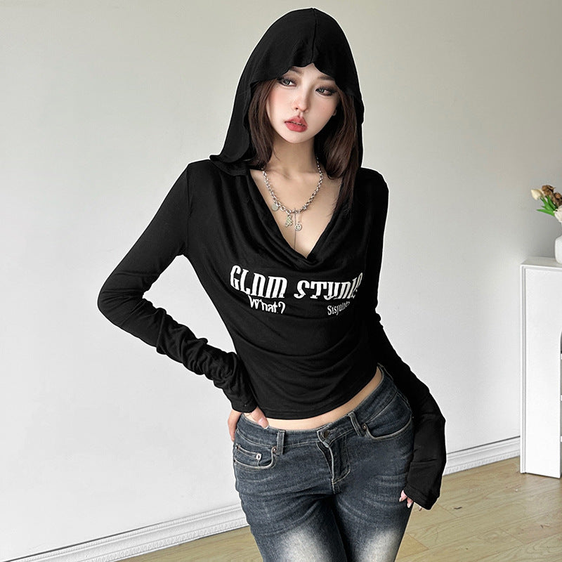 Women Clothing Fall Sexy Hooded Pile Collar Printed Slim Top for Women