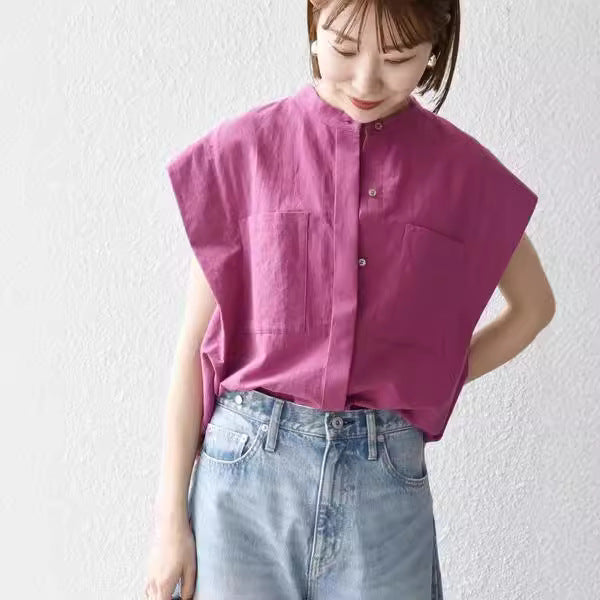 Sleeveless Sun Protection Shirt Women Summer Thin Small Pure Cotton Solid Color Straight Slimming Casual Shirt Top