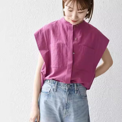 Camisa sin mangas de protección solar para mujer, camisa informal adelgazante recta de color sólido de algodón puro fina pequeña de verano