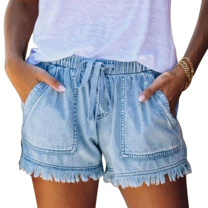 Summer New Elastic Waist Drawstring Casual High Waist Slimming Denim Shorts for Women