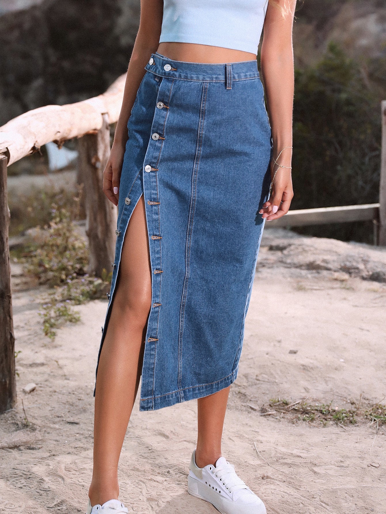 Women Clothing Button Irregular Asymmetric Slit Denim High Waist Long Skirt