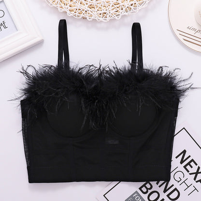 Pluma de avestruz fuera del hombro tirantes finos ropa exterior Slim-Fit Sexy corsé de plumas baile señora Shaping Tube Top