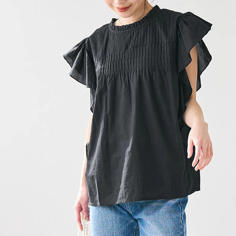 Camisa de manga corta con volantes de verano para mujer, blusa holgada de algodón puro de corte alto y diseño etéreo