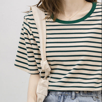 Women Short Sleeved T shirt Summer Thin Loose Cotton Green Striped T shirt Women Top Clothes