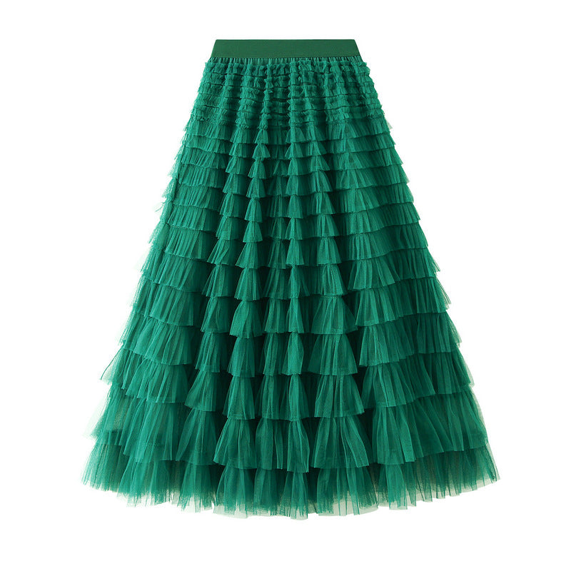 Mesh Tiered Skirt Women Spring Autumn Dress Fairy White Yarn Skirt Pleated