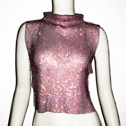 Ropa de mujer Chaleco con diamantes completos Cuello alto de lujo Top con diamantes de imitación Chaleco sexy para discoteca sexy