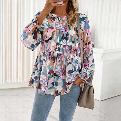 Women Clothing Autumn Winter Casual Long Sleeve Printing Ruffle Top