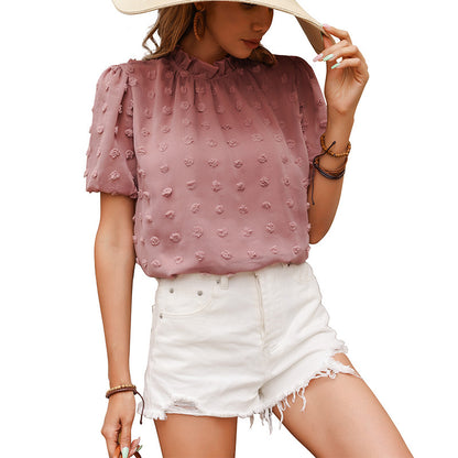 Summer Vacation Casual Jacquard Fur Ball Short Sleeved Shirt Solid Color Chiffon Shirt Women