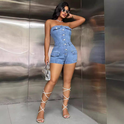 Women Clothing Casual Office Slim Fit Slimming One Piece Denim Jumpsuit