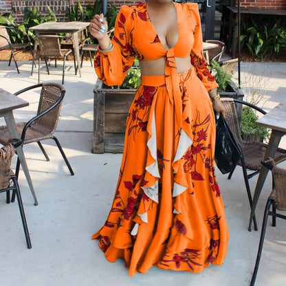 Summer Sexy Printed Lace up Top Skirt Two-Piece Outer Code Suit