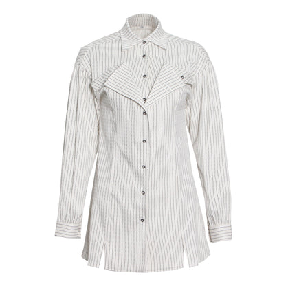 Ropa coreana para mujer, camisa informal de oficina a rayas con cuello tipo Polo de una sola botonadura con costuras asimétricas irregulares para otoño e invierno