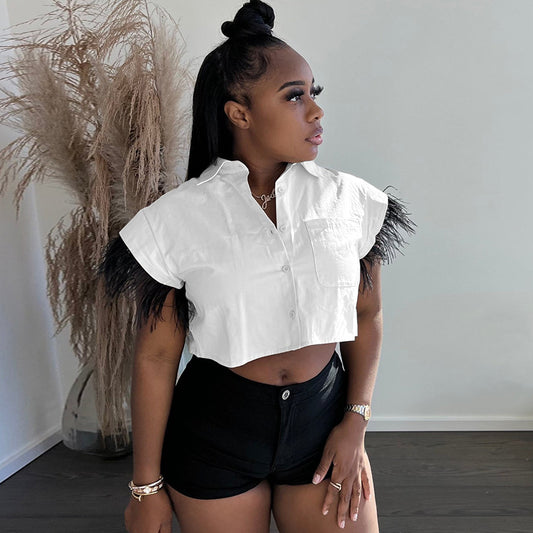 Women Clothing Breasted Feather Sleeve Short Top Collared Short Sleeve White Jersey Shirt