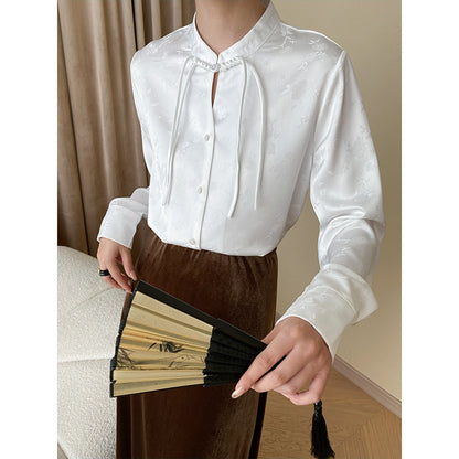 Chinese Dark Pattern Jacquard Early Autumn National Buckle Stand Collar Vertical Sense Diligent Shoulder Shirt