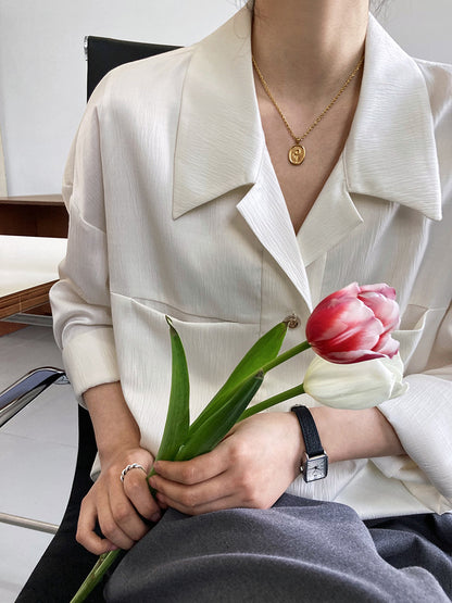 Camisa con cuello satinado para mujer, ropa de otoño, camisa de Color sólido con textura ligeramente madura de alto sentido