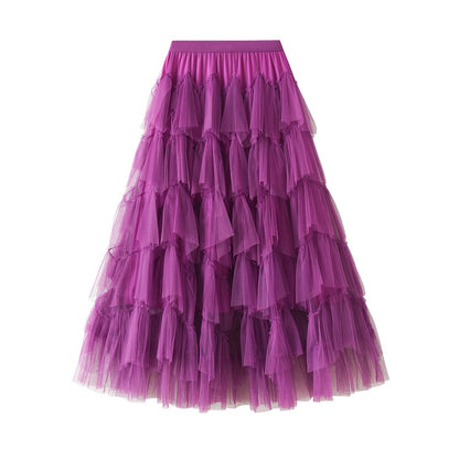 Frühlings-Stufenkleid aus Netzstoff, langer Rock, Designrock, einfach passender Pettiskirt aus Netzstoff