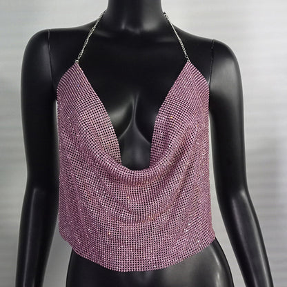 Ropa de mujer Chaleco con diamantes de imitación Traje sexy para fiesta en discoteca Top con tirantes y diamantes de imitación