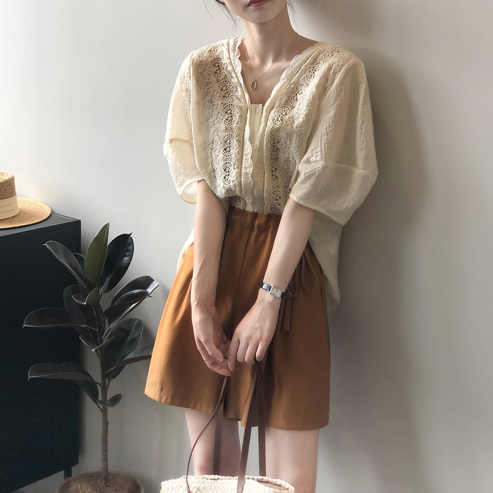 V Neck Puff Sleeve Shirt Women Summer Sweet Lace Embroidered Hollow Out Cutout Doll Shirt