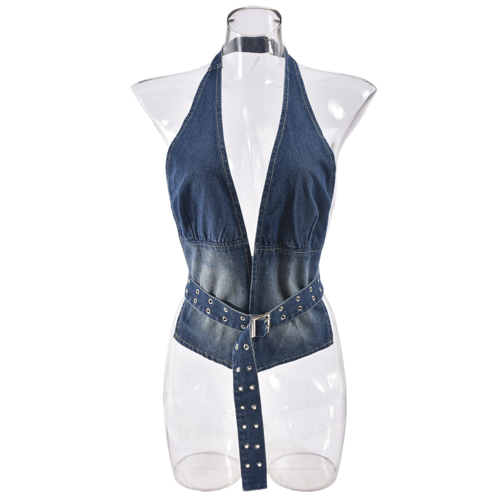 Sexy Women Clothing Summer Denim Washed Sexy plus Adjusting Belt Top