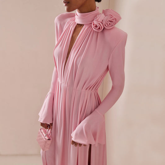 Ropa de mujer Vestido retro de gama alta con recortes y escote en V profundo Vestido halter plisado drapeado Vestido floral tridimensional