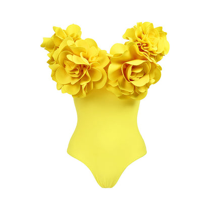 Traje de baño de Color sólido, traje de baño amarillo de una pieza, conjunto de falda Floral tridimensional para mujer, traje de baño