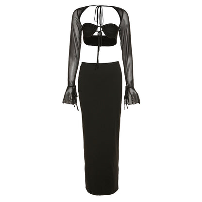 Winter Women Clothing Square Collar Long Sleeve Backless T shirt Slim Fit Sheath Skirt Set