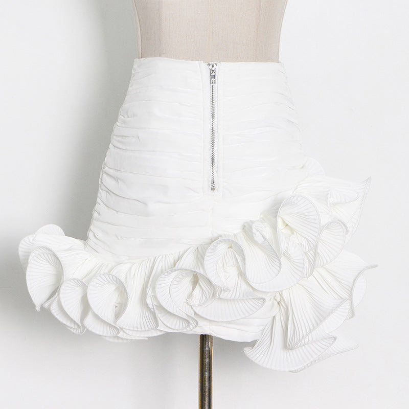 Niche Design Pettiskirt Milky White Package Hip With A Zipper Wooden Ear Short Stitching Skirt Women