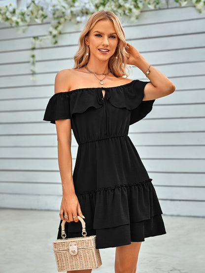 Women Clothing Spring Summer Casual off the Shoulder Ruffled Solid Color Dress for Women