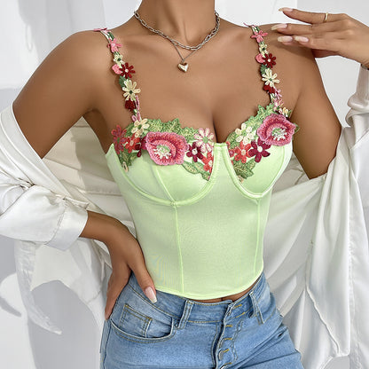 Women Clothing Floral Camisole Top Popular Sexy Vest Ultra Short French Three Dimensional Outerwear