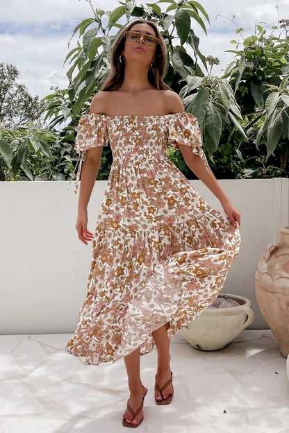 Elegantes, schulterfreies, kurzärmliges, großes Maxikleid mit Schnürung für Damen im Frühlings- und Sommerstil