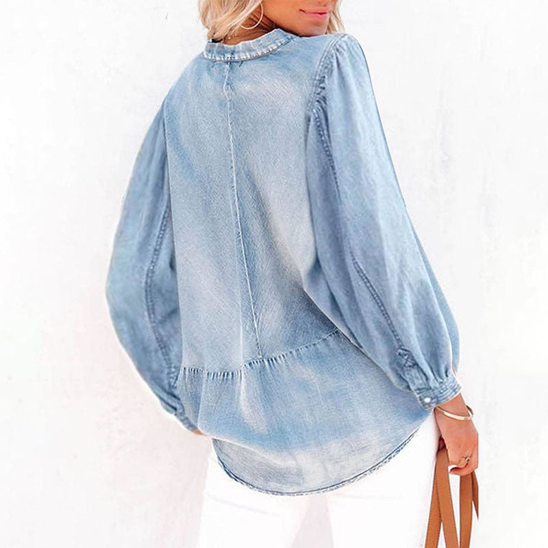 Solid Color Denim Top Women Autumn V Neck Lantern Sleeve Simple Pullover Women