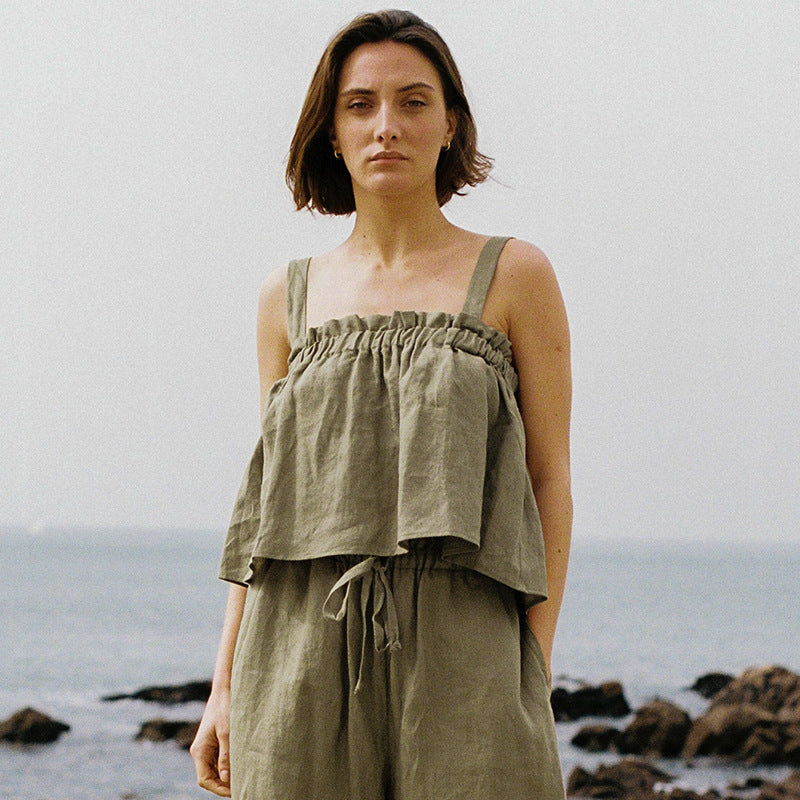 Summer Ramie Cotton Bandeau Sling Top Wooden Ear Pleated Cotton Linen Vest Summer Vacation