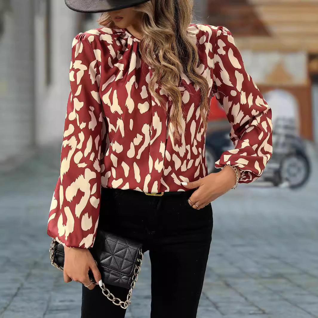 Women Clothing Best Seller Elegant Spring Autumn Lantern Sleeve Printing Long Sleeve Women Shirt