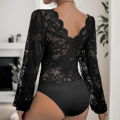 Tight Sexy Long Sleeve Solid Color V Neck Lace Jumpsuit