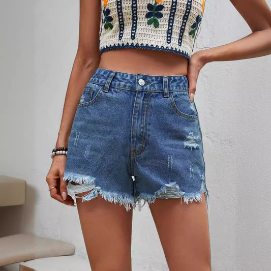 Damenbekleidung Lässige Jeansshorts mit hoher Taille und zerrissenem Saum