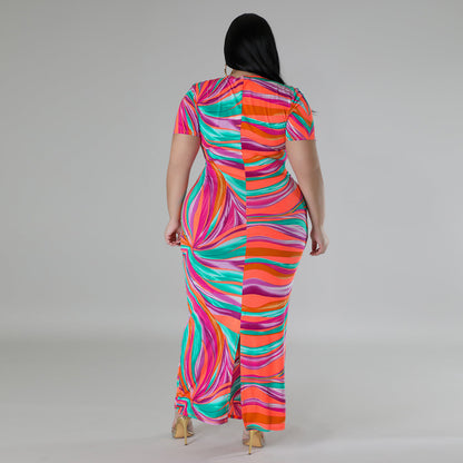 Plus Size Oversized Knit Dress Geometric Abstract Pattern Digital Printing Short Sleeve V neck Dress Slits