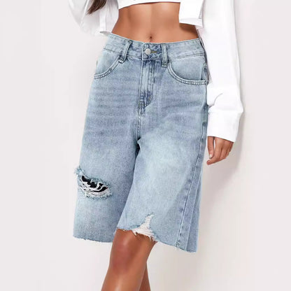 Sommer High Waist Retro Worn Jeans Damen Distressed Loose Raw Hem Cropped Hose