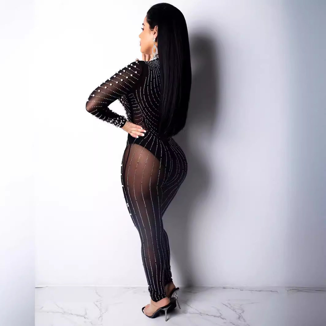 Sexy Slim Fit Sexy Nightclub Mesh See Through Rhinestone Bubble Beads Round Neck Long Sleeve Jumpsuit