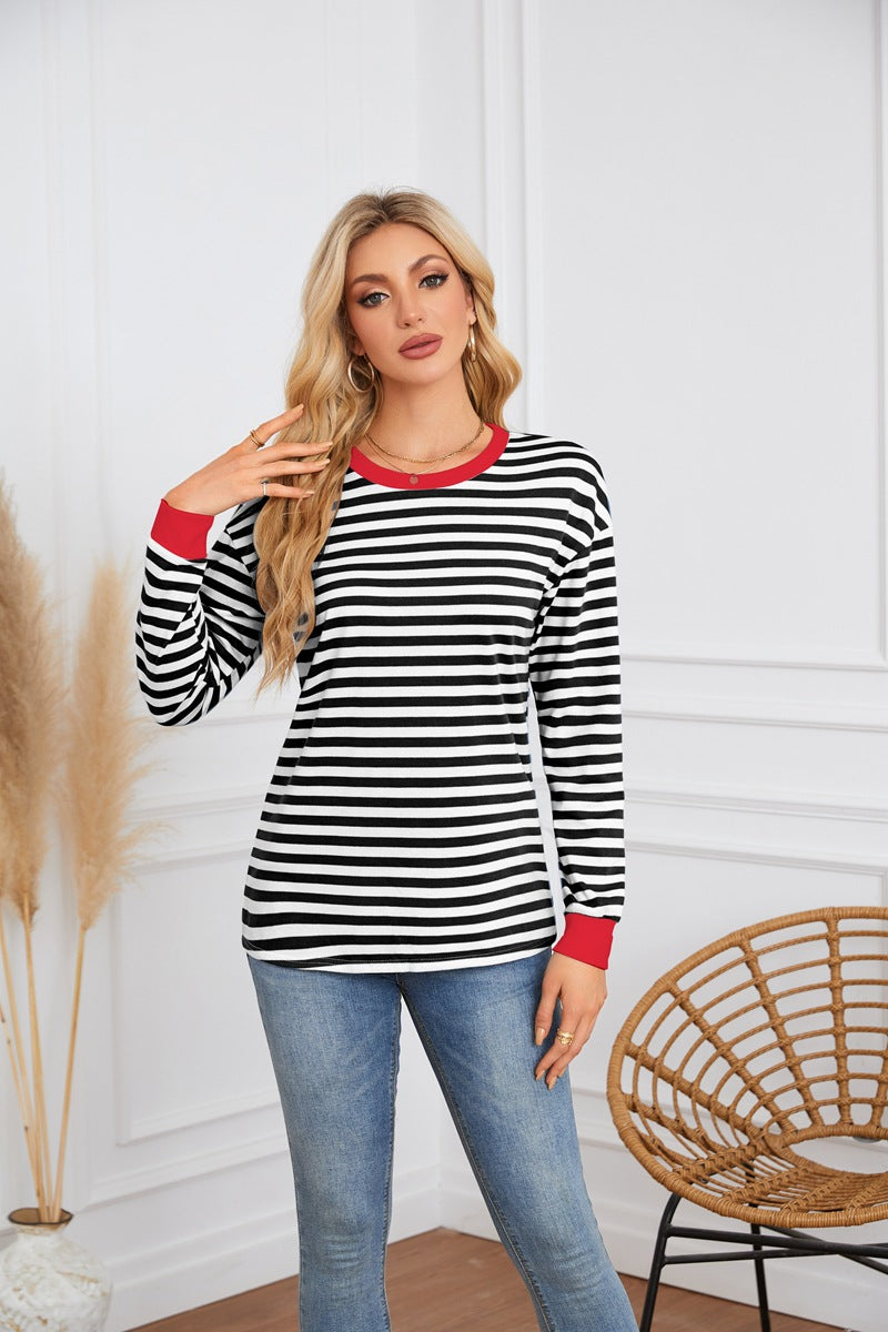 Women Clothing Striped Pattern round Neck Long Sleeve Casual Sweatshirt Top for Women