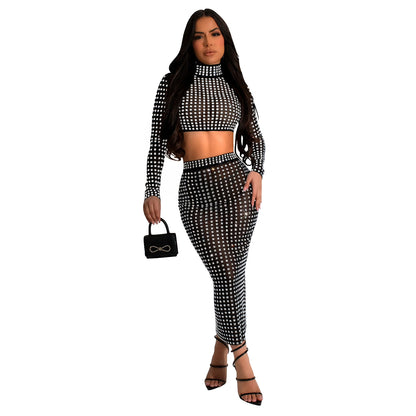 Women Wear Solid Color Rhinestone Mesh Skirt Two Piece Set