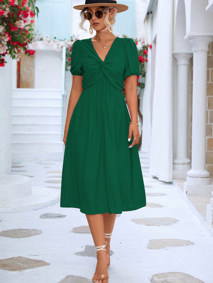 Spring Summer Women Clothing Solid Color Short Sleeve Twist Dress