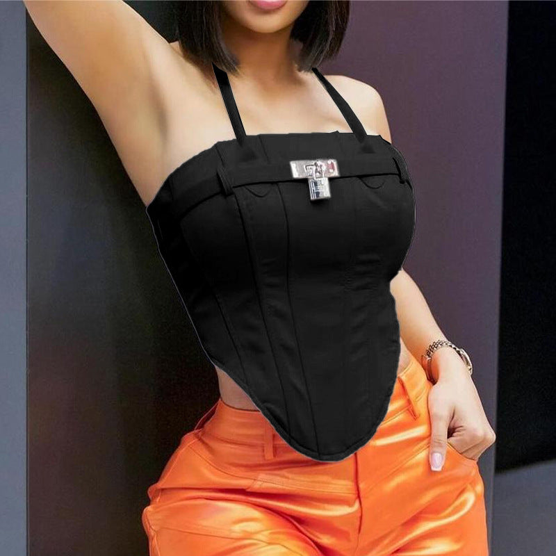 Metal Lock Waist Halter Women Leather Vest Spring Sexy Top