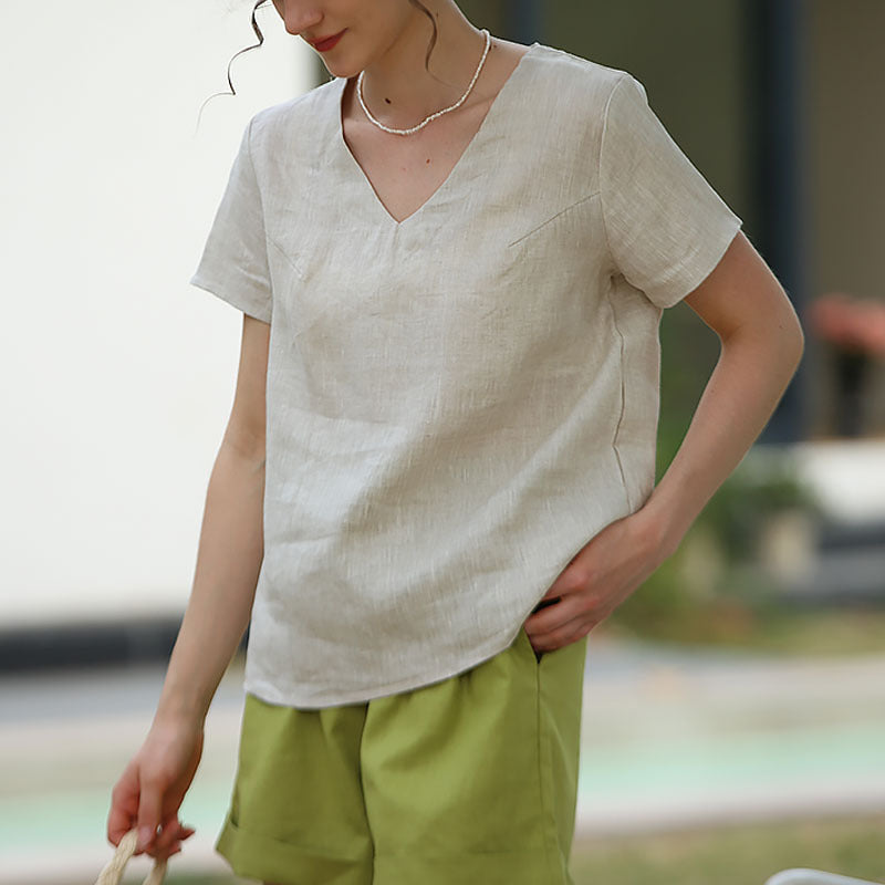 Pure Linen V neck Short Sleeve T shirt Top Spring Summer French Casual Cotton Linen Basic All Matching Slimming T shirt for Women