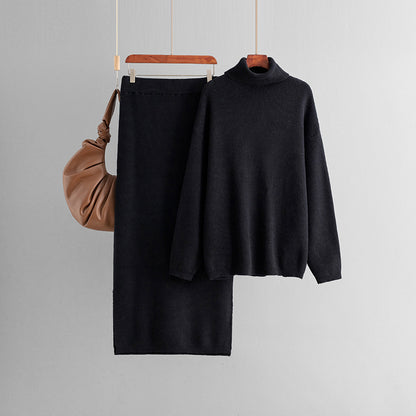 Pullover Two Piece Sweater Women Autumn Winter Solid Color Split Knitted Skirt Set