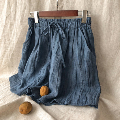 Summer Pure Linen High Grade Shorts Heavy Industry Fried Color Craft Design Elastic Casual Shorts