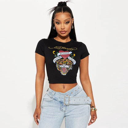 Frühling Sommer Beliebte Cropped Printed Rundhals T Shirt Top Frauen