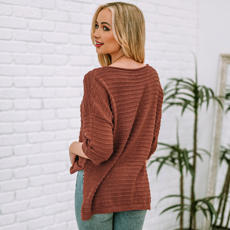 Solid Color Woolen Jacquard T-shirt for Women Spring Summer Loose round Neck off-Shoulder Lazy Pullover for Women