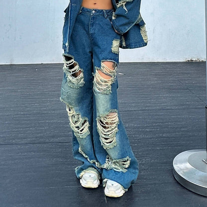 Personalized Jeans Autumn Winter All Match Ripped Worn Straight Long Wide Leg Pants Women